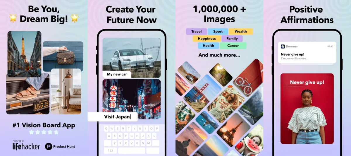 Dreamer app screenshots: dream-big board, typing a goal caption, 1,000,000+ image library, positive affirmation notifications