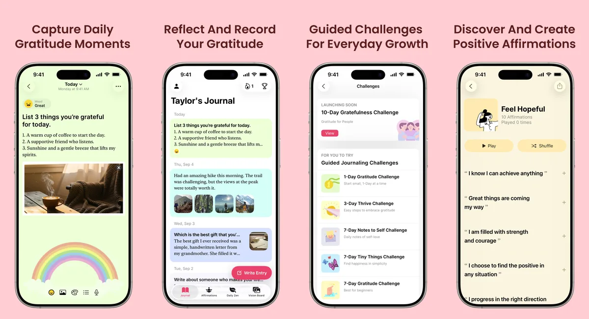 Gratitude app screenshots: daily gratitude prompt, journal entries, guided challenges, positive affirmations