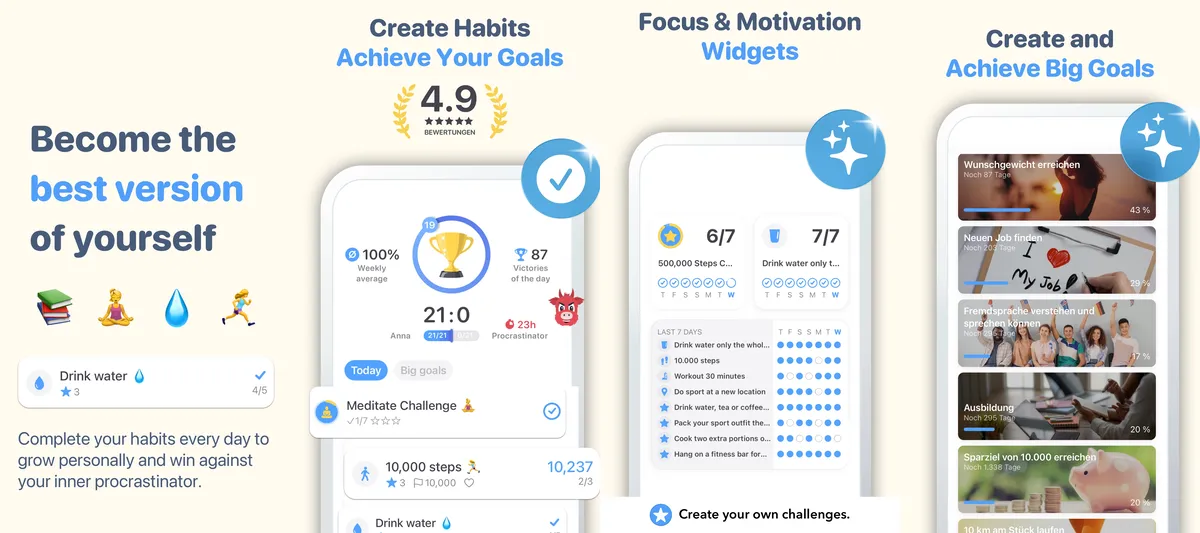 Hero21 habit tracker screenshots: daily habits with streaks, challenge widgets, big goals with progress bars