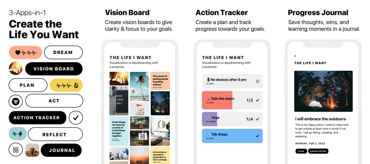 Horizons app screenshots: 3-in-1 overview, vision board, action tracker, progress journal