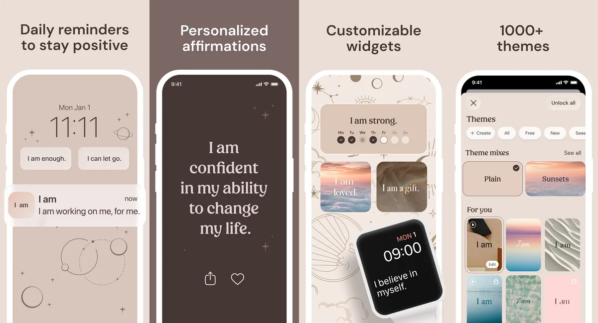 I am app screenshots: daily reminders, personalized affirmations, customizable widgets and Apple Watch, 1000+ themes