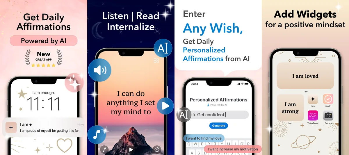 I am + app screenshots: daily affirmations powered by AI, listen and read sessions, AI affirmations from any wish, home-screen widgets