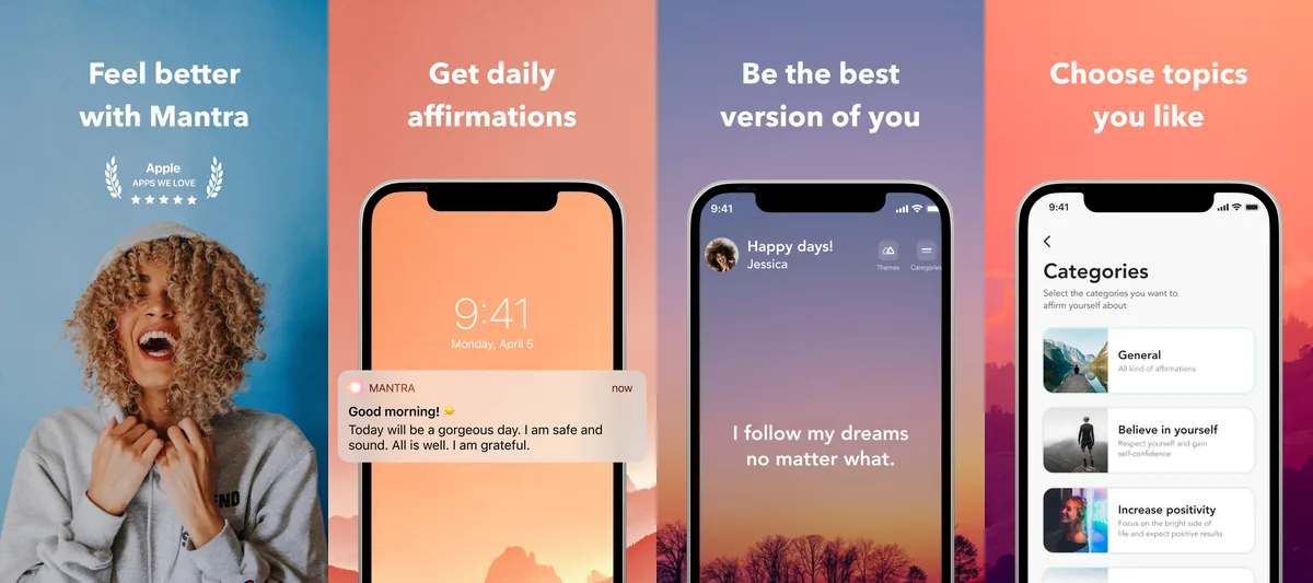 Mantra app screenshots: feel better with Mantra, daily affirmation notification, home screen, topic categories