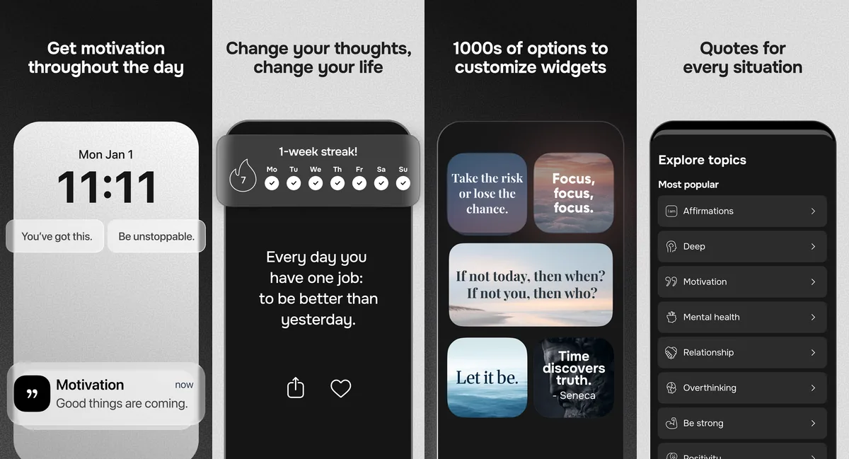Motivation app screenshots: lock-screen reminders, weekly streak, customizable quote widgets, quote topics