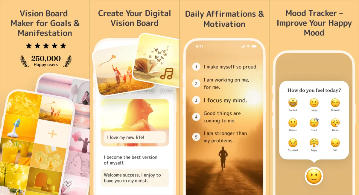 Perfectly Happy app screenshots: yellow vision board maker, digital vision board with music, daily affirmations, mood tracker