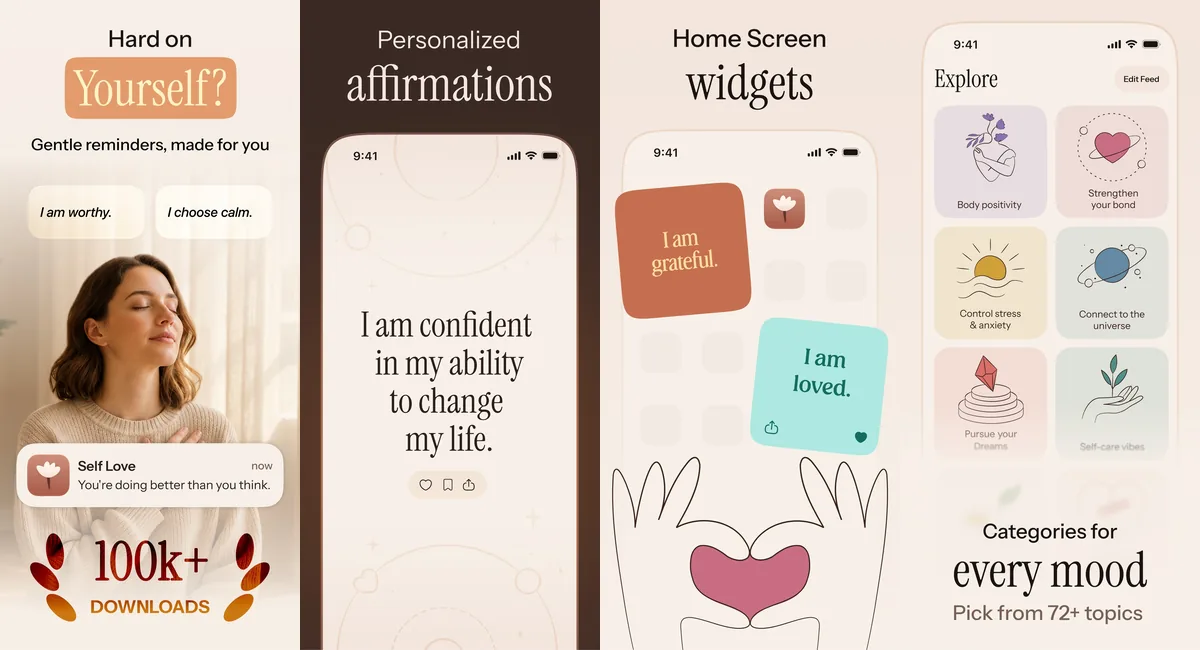 Self Love app screenshots: gentle reminders, personalized affirmations, home-screen widgets, categories for every mood