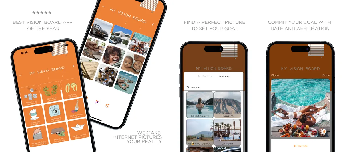 Vision Board 2027 app screenshots: orange vision board collage, Unsplash photo search, goal with date and affirmation