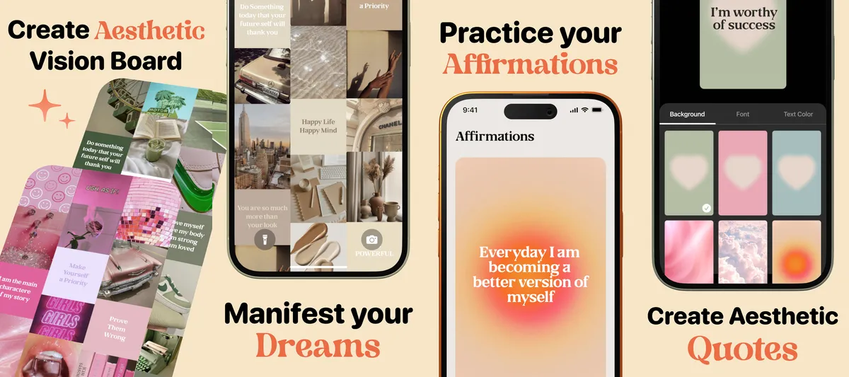 Vision Board and Goal Tracker app screenshots: aesthetic vision board collages, affirmation practice, aesthetic quote backgrounds