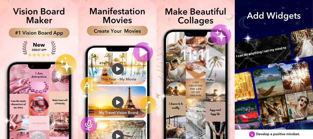 Vision Board ++ app screenshots: collage maker, manifestation movies, mood collage lock screen, home-screen widgets