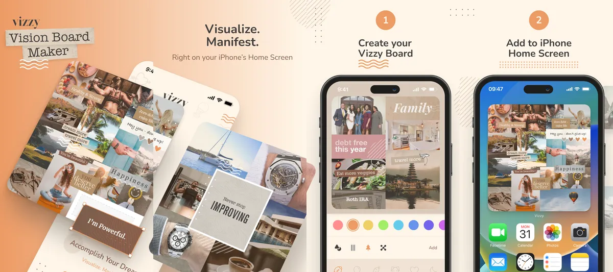 Vizzy app screenshots: vision board collage, home-screen vision board widget, create board, add to iPhone home screen