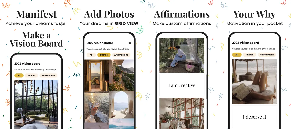 Why Vision Board app screenshots: make a vision board, photo grid view, custom affirmations, your-why motivation