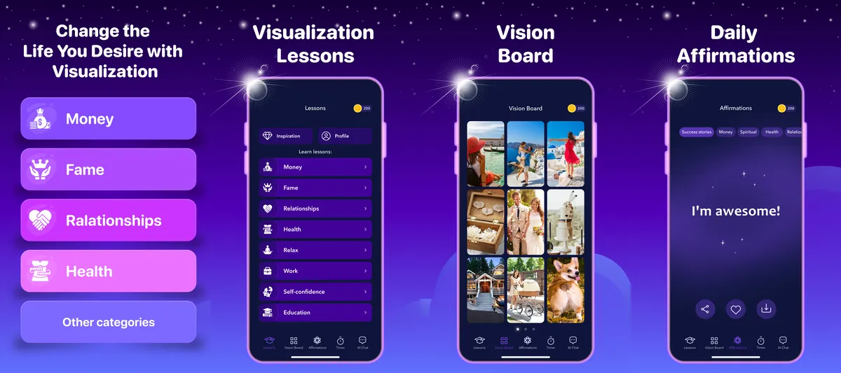 Wisher app screenshots: visualization categories, visualization lessons, vision board, daily affirmations